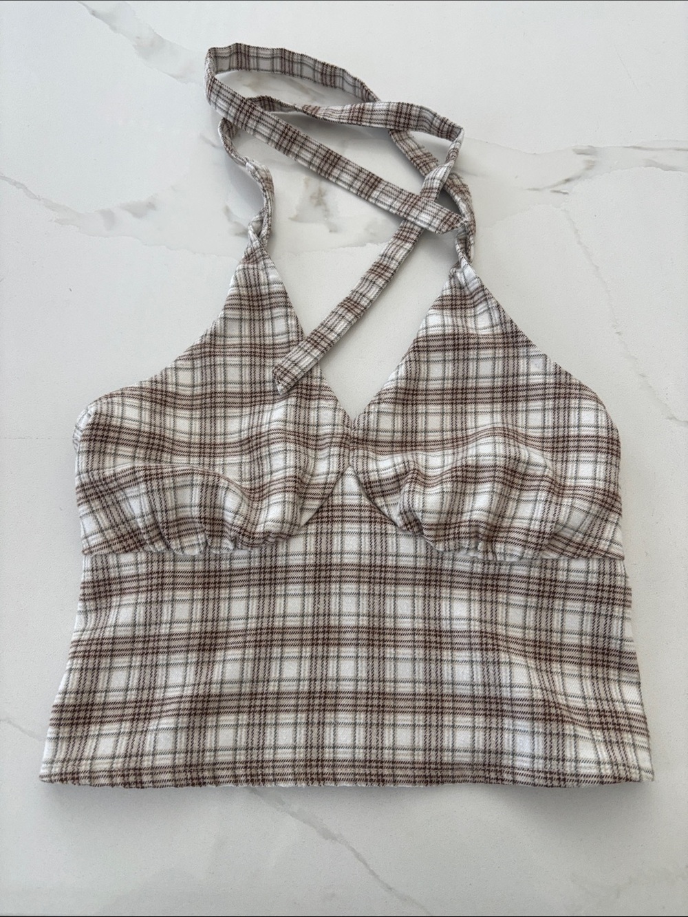 Hollister Size S Tan Plaid Cropped Halter Top